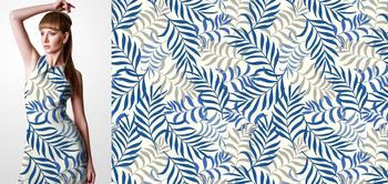 33024v Materiał ze wzorem tropikalne liście w odcieniach niebieskiego i szarego na jasnym tle